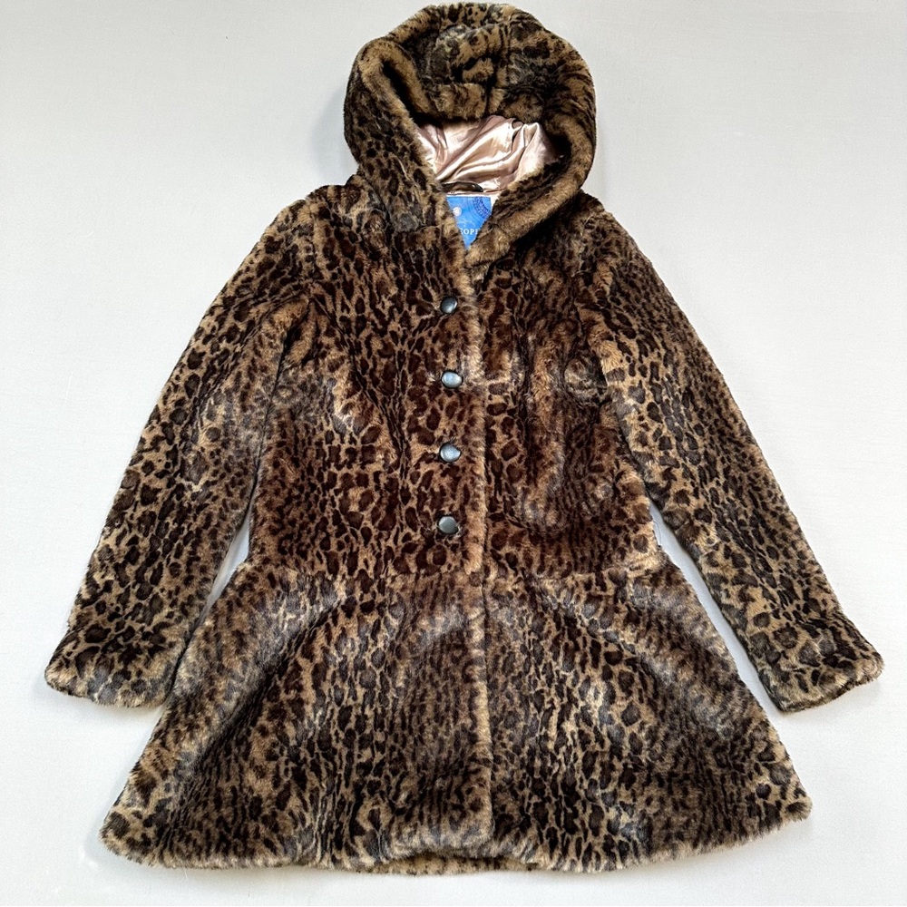 FREE PEOPLE About Town faux fur leopard print hooded coat, S, Like New condition
